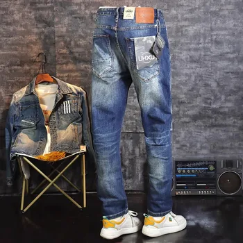Модные мужские джинсы в итальянском стиле, высококачественные рваные джинсы в стиле ретро синего цвета, приталенные, мужские винтажные дизайнерские джинсовые брюки Hombre