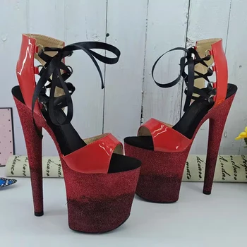 Женские босоножки на высоком каблуке нового цвета с искусственным верхом 20 см/ 8 дюймов, пикантные модельные туфли для показа и танцев на шесте 051