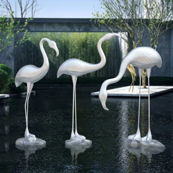 Имитационное украшение фламинго из нержавеющей стали, скульптура крана от земли до земли, бассейн во внутреннем дворе, украшение животных