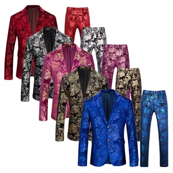 Высококачественный брендовый мужской золотой бархатный костюм из 2 предметов, синий Модный мужской роскошный деловой смокинг для свадьбы, выпускного вечера, вечеринки, блейзер и брюки