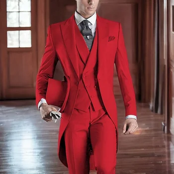 Приталенный Красный мужской костюм из 3 предметов, фрак, Костюм Жениха Для выпускного Вечера, Свадебный блейзер с отворотом Terno Peak, Комплект (куртка + брюки + Жилет)